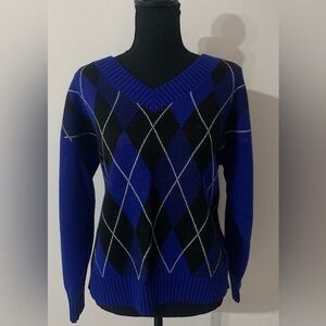 Women's V-Neck Sweater in Blue and Black Argyle